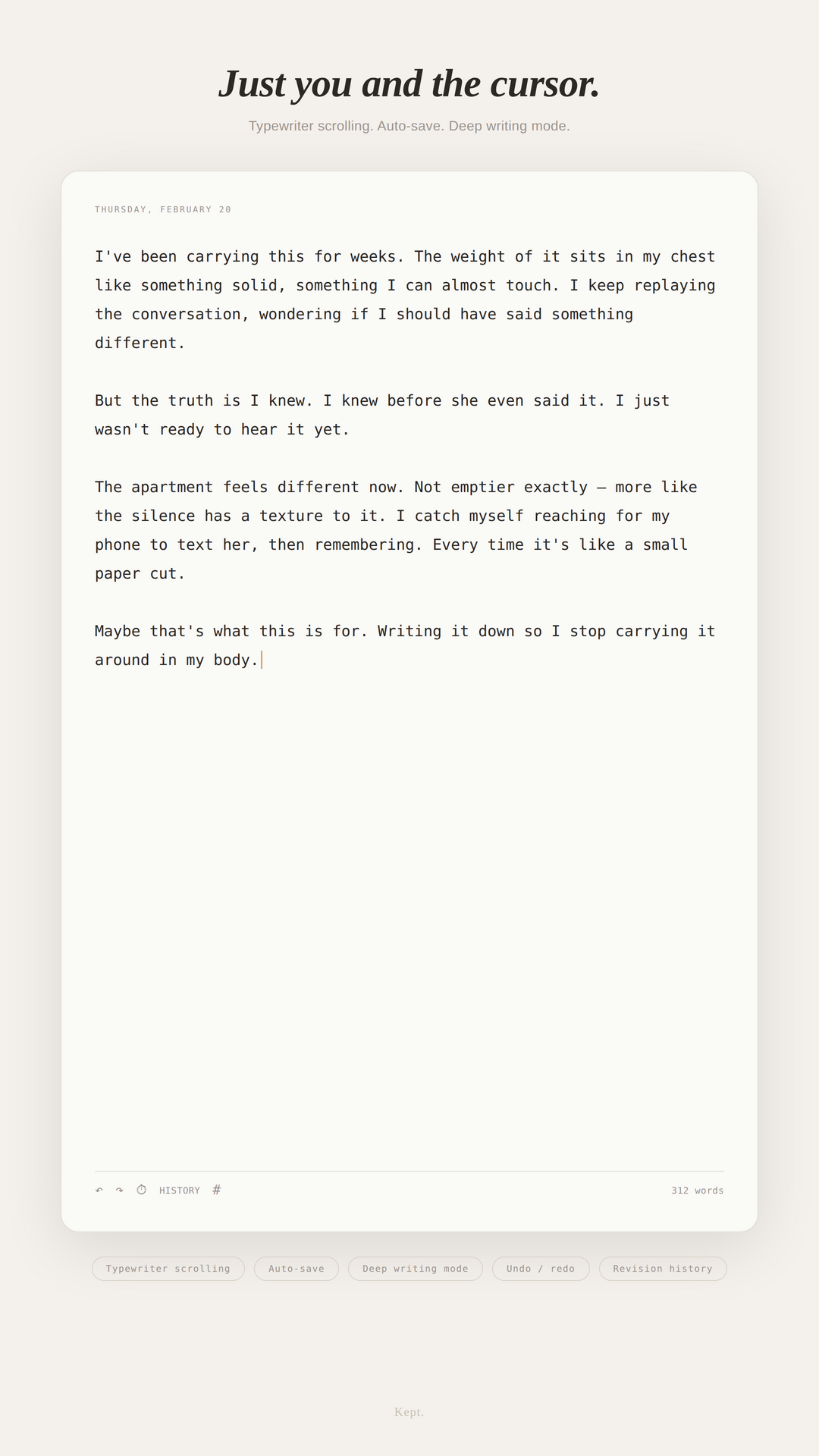 Kept private journal app writing screen